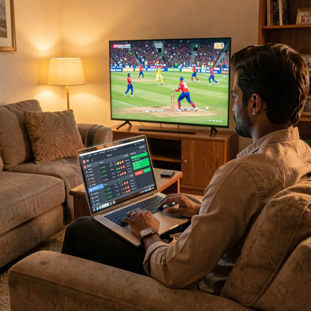 Focused Bangladeshi sports bettor analyzing live cricket odds and statistics on a laptop using 37OK while watching a match on TV