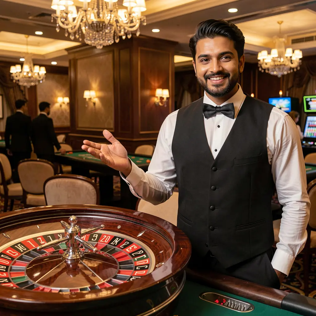 Professional casino dealer presenting a roulette table in a luxury gaming environment highlighting the premium live casino experience at 37OK for players in Bangladesh